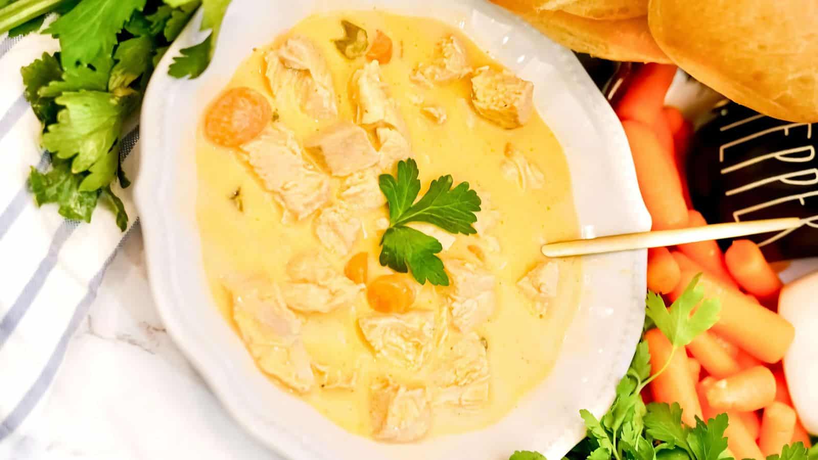 A bowl of creamy chicken soup with carrots, garnished with parsley, surrounded by fresh vegetables and bread.