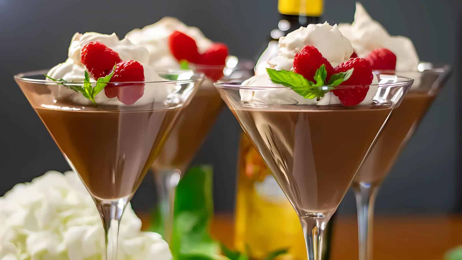 Four martini glasses filled with chocolate mousse, topped with whipped cream, raspberries, and mint leaves. A bottle is in the background.