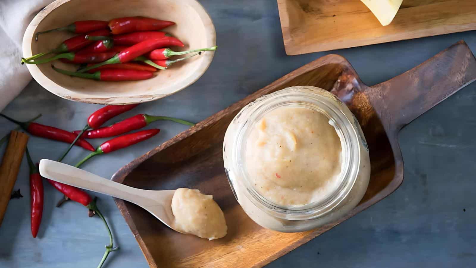 A jar of light-colored sauce on a wooden tray with a spoon beside it. A bowl of red chili peppers is nearby.