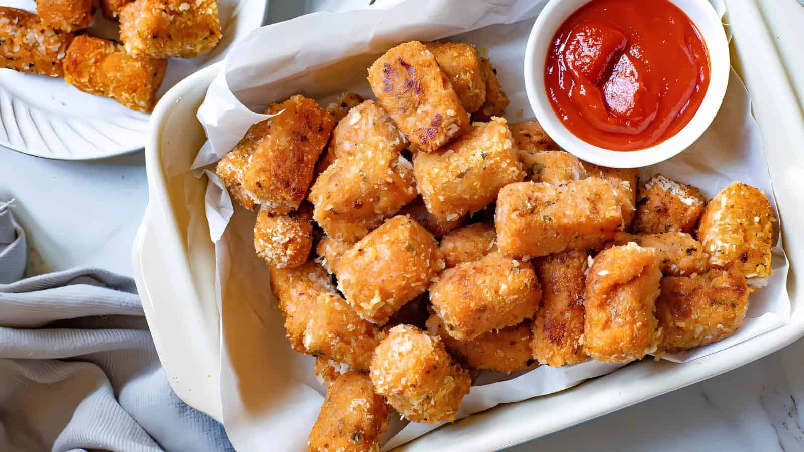A tray of crispy baked chicken nuggets with a small bowl of red dipping sauce on the side.