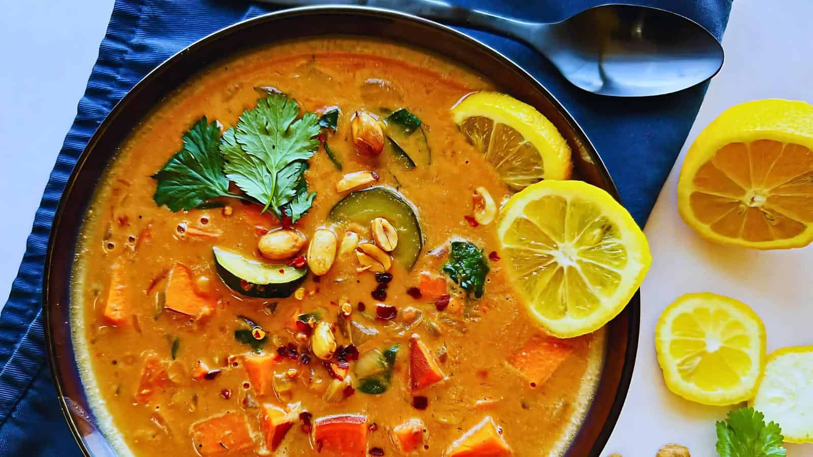 A bowl of creamy soup with vegetables, garnished with cilantro, peanuts, and chili flakes. Lemon slices are on the side, and a spoon rests next to the bowl on a dark cloth.