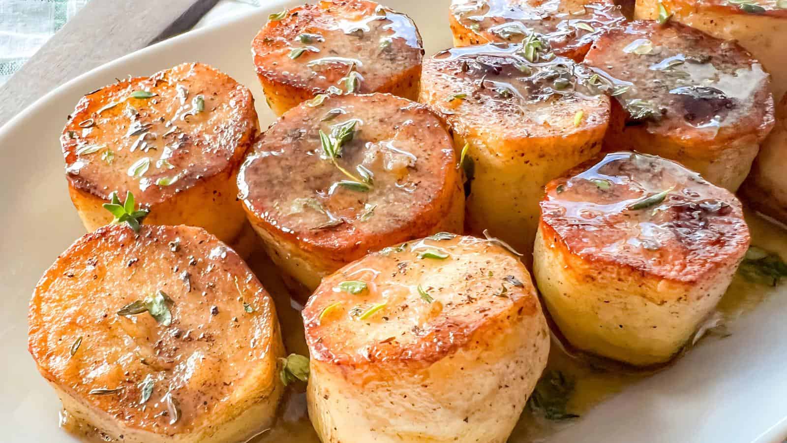 Golden, roasted potatoes garnished with herbs and drizzled with a glaze on a white plate.