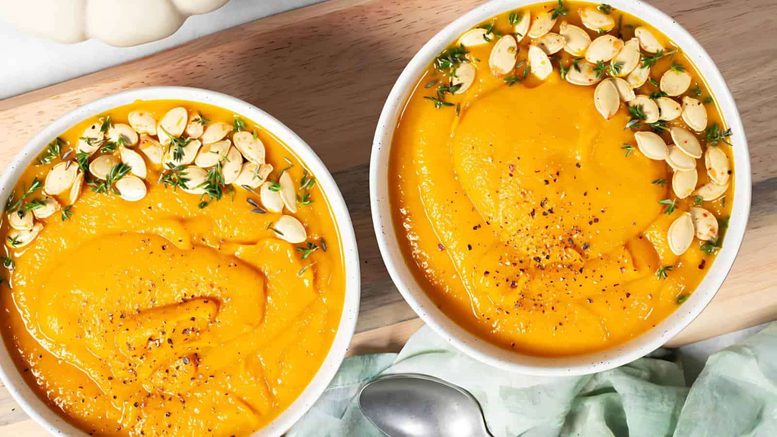 Two bowls of creamy pumpkin soup garnished with roasted pumpkin seeds and herbs, placed on a wooden surface with a metal spoon beside them.