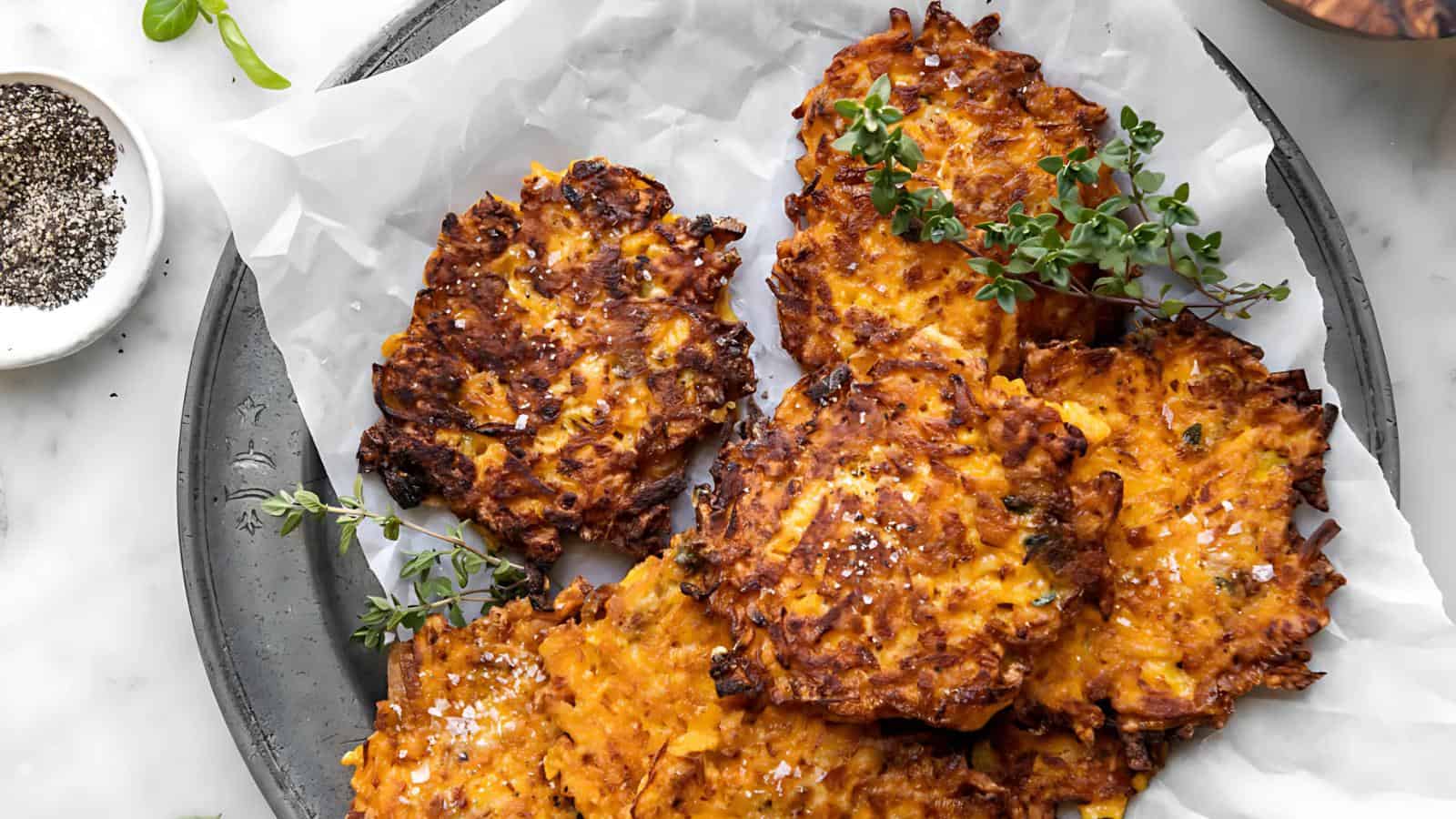 A platter of crispy sweet potato fritters garnished with fresh herbs, served on parchment paper.