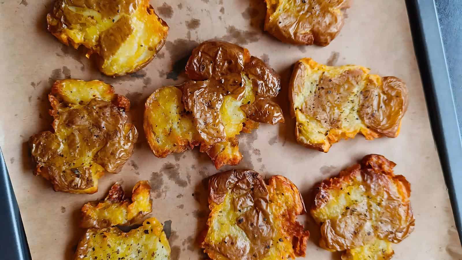 Baked smashed potatoes on a parchment-lined baking sheet, seasoned with salt and pepper.