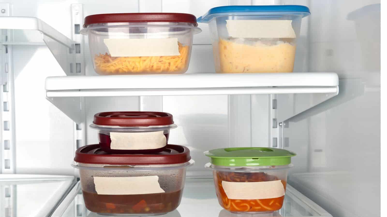Plastic food containers with leftoversw are arranged on a refrigerator shelf.