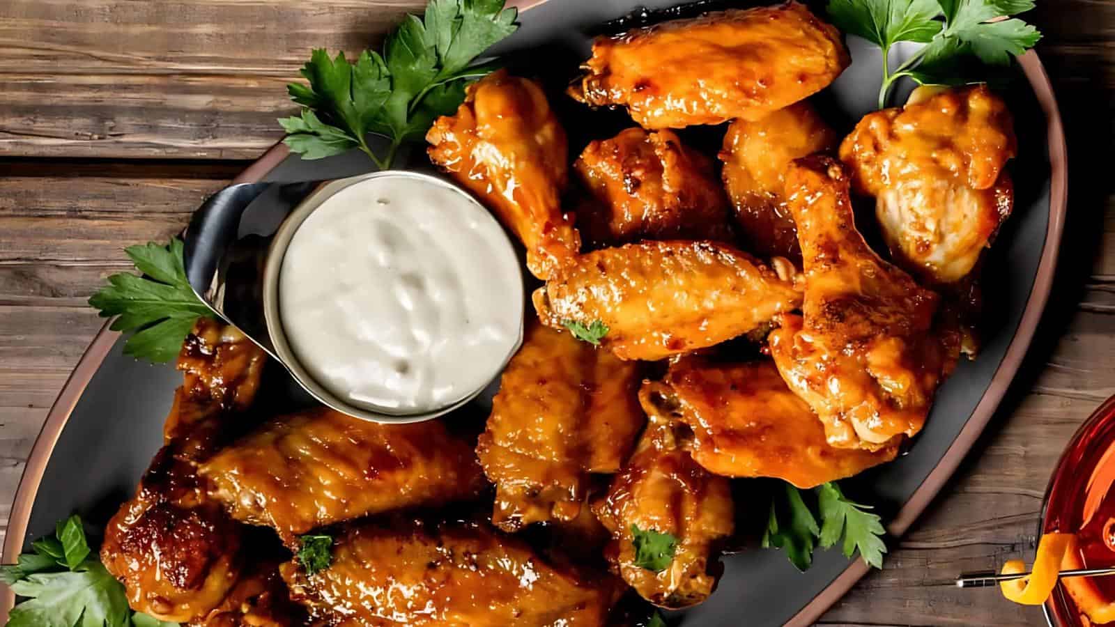 Plate of glazed chicken wings with a side of creamy dipping sauce, garnished with parsley, on a wooden table.