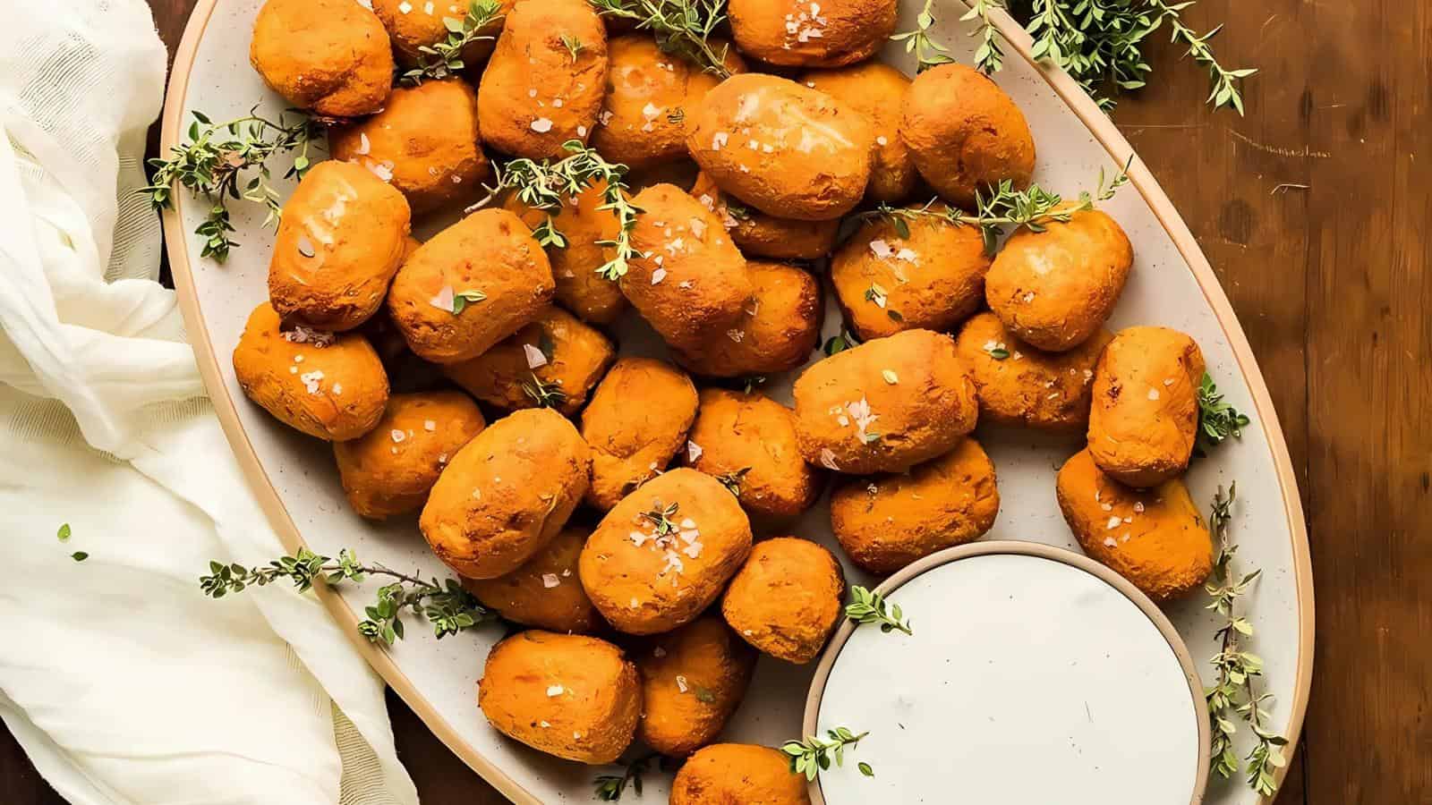 A platter of fried croquettes garnished with sprigs of fresh herbs on a wooden surface.