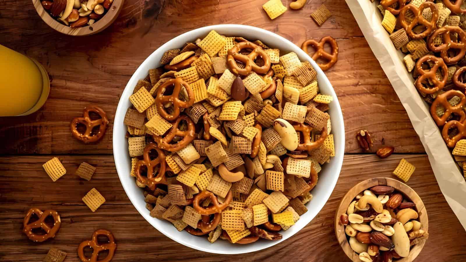 A bowl of snack mix with pretzels, cereal squares, and nuts sits on a wooden table, surrounded by smaller bowls with similar contents.