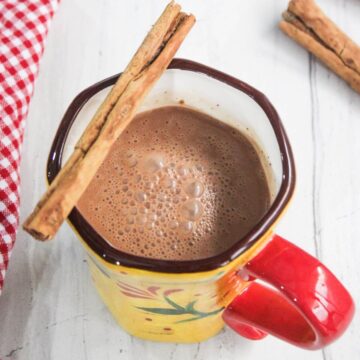 A mug of hot chocolate with frothy bubbles on top, garnished with a cinnamon stick. A red and white checkered cloth is partially visible next to the mug.