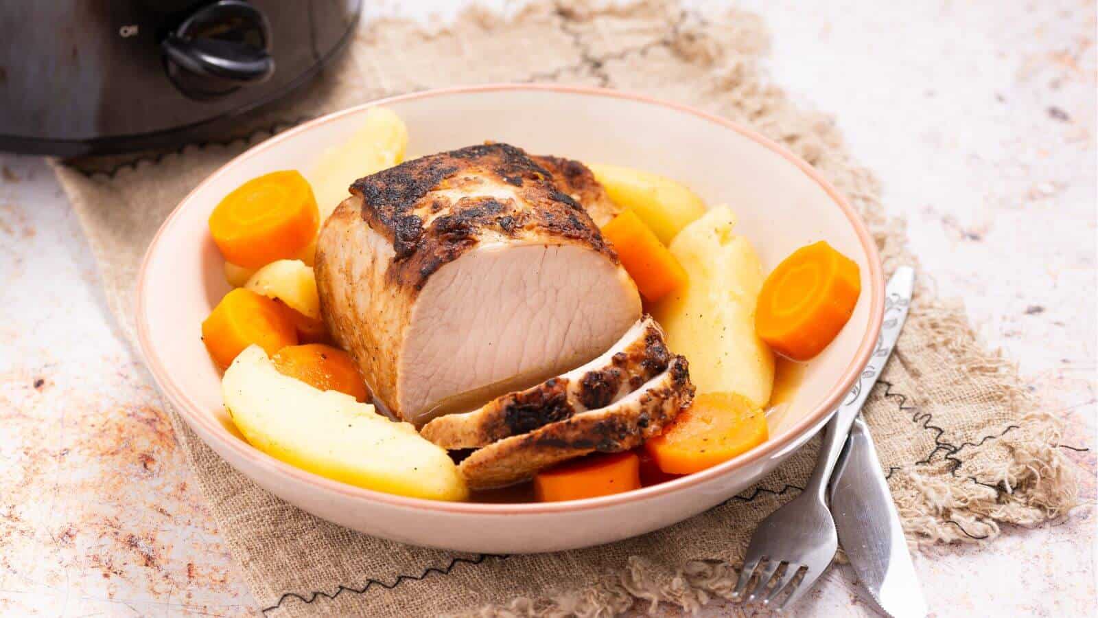 A plate with roasted pork, sliced carrots, and potatoes on a woven mat, with a fork and knife beside the dish. A slow cooker is partially visible in the background.