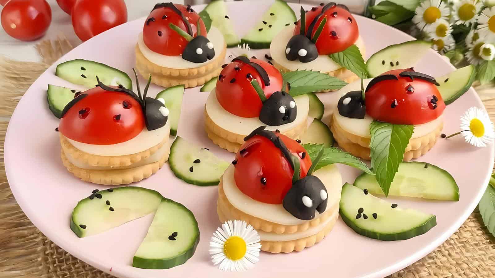 A plate of crackers topped with cheese, cherry tomatoes, and olives, decorated to resemble ladybugs, surrounded by cucumber slices and daisies.
