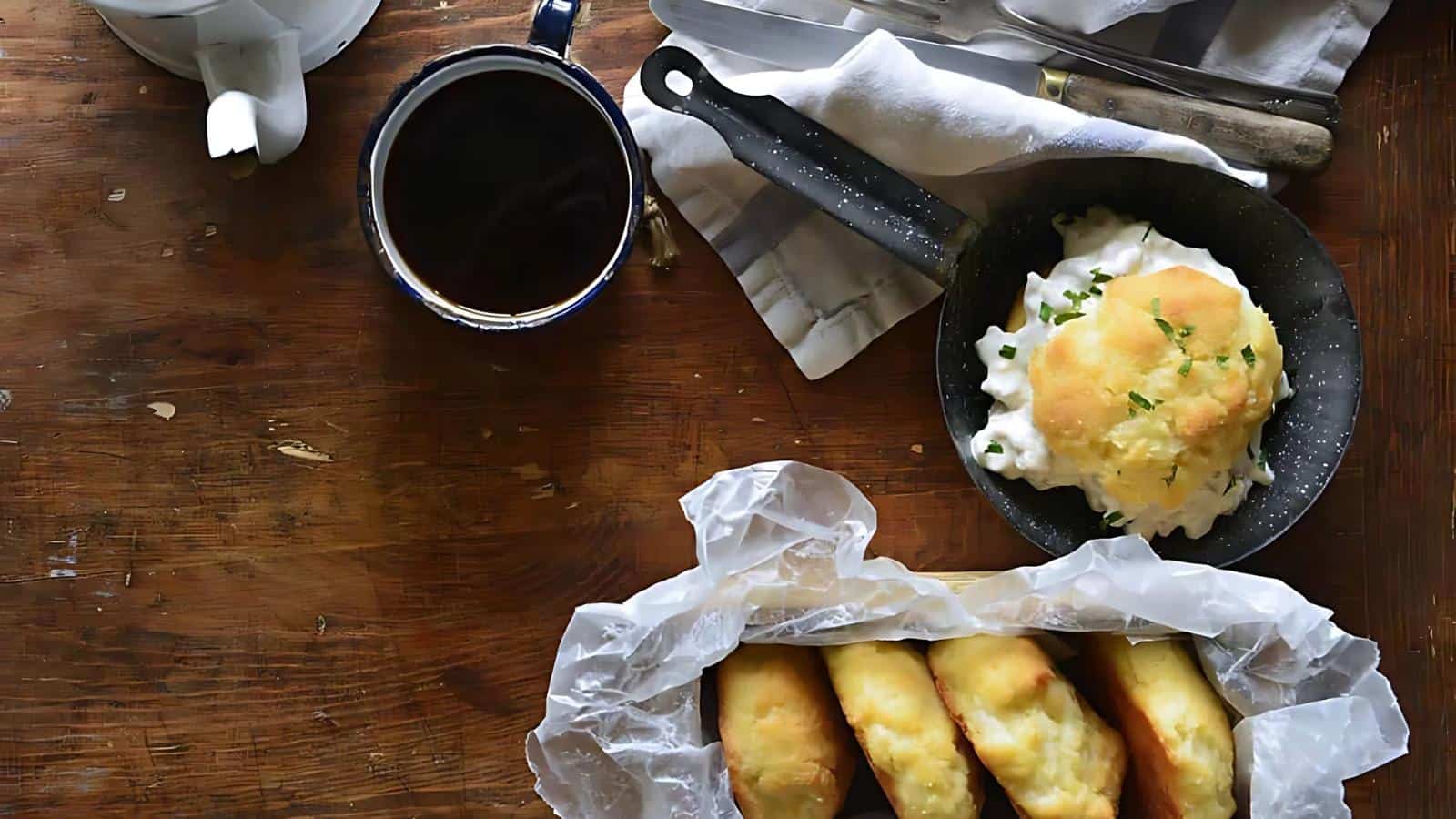 A wooden table with a cup of black coffee, a skillet with a biscuit topped with gravy, and a basket of bread rolls wrapped in parchment paper.