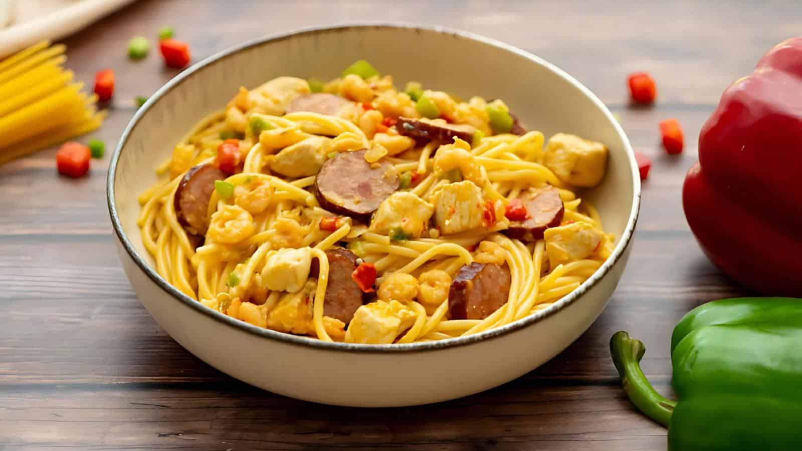 A bowl of spaghetti with sausage, chicken, and chopped bell peppers on a wooden table.