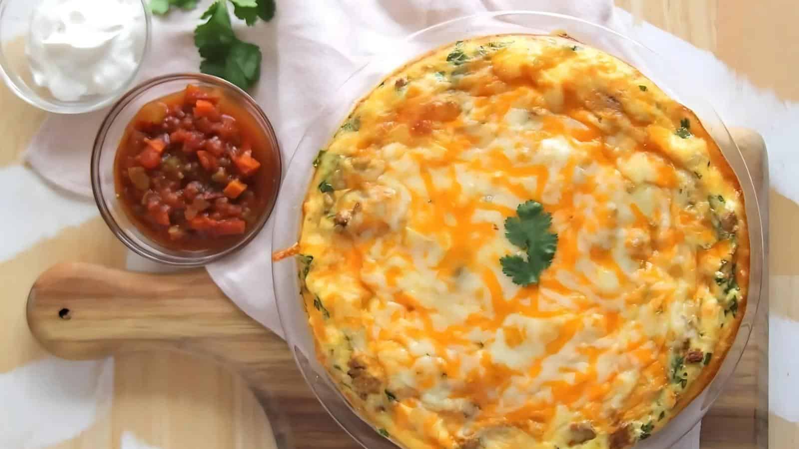 A baked casserole topped with melted cheese, garnished with a cilantro leaf. Served with salsa and sour cream on a wooden board with a light pink cloth.