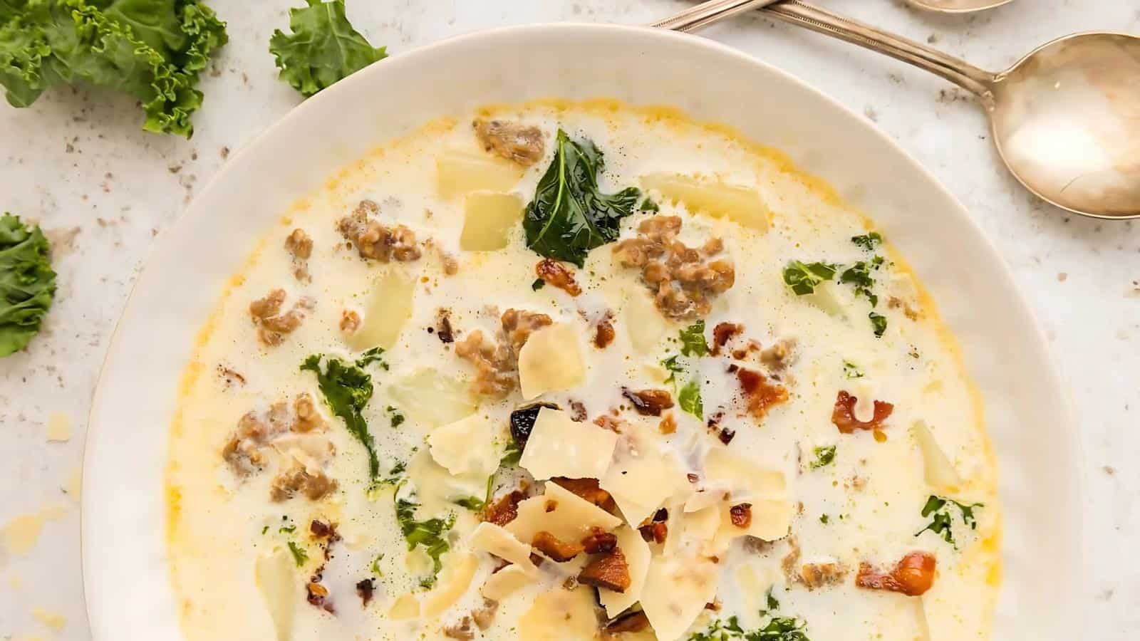 A bowl of creamy soup with sausage, kale, bacon bits, potato chunks, and shaved cheese, placed on a light surface with kale leaves nearby and two spoons in the background.