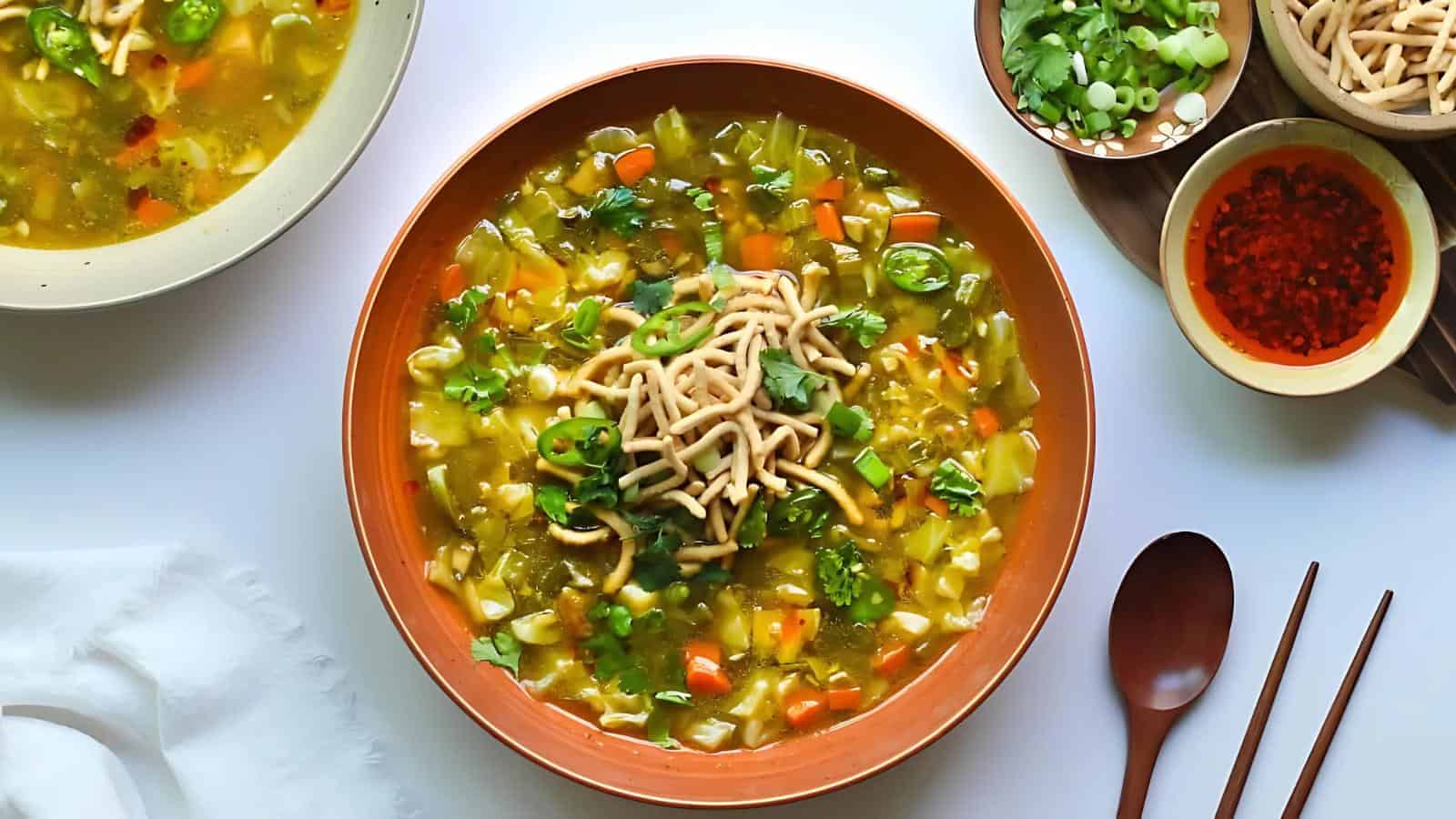 Bowl of vegetable soup topped with crispy noodles, surrounded by garnishes and utensils on a white surface.