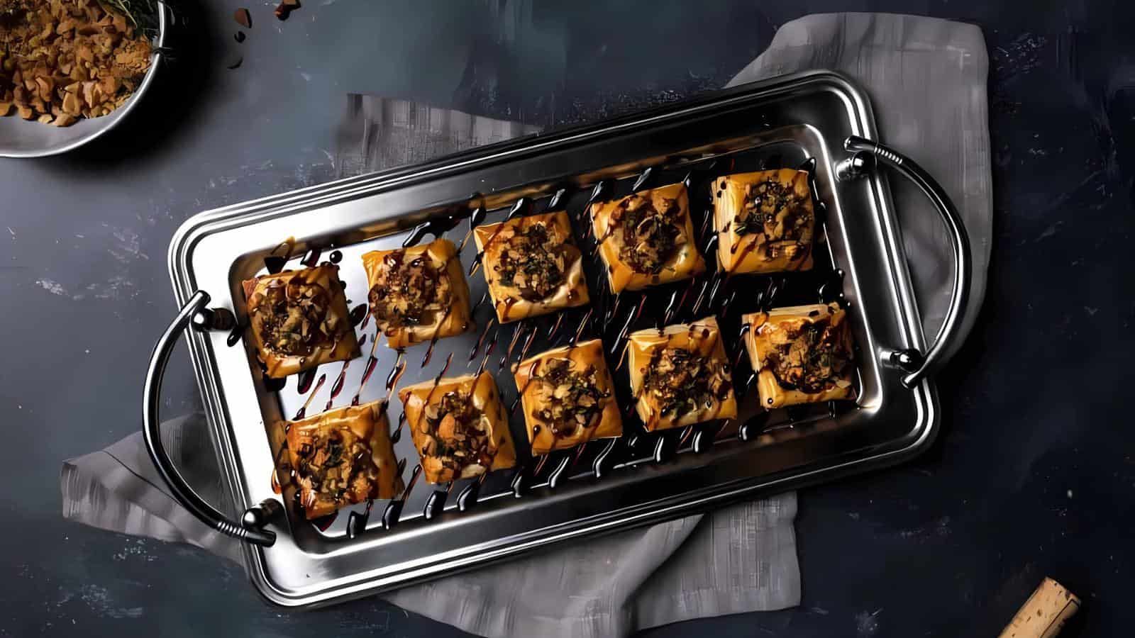 A tray of ten square pastries topped with nuts and chocolate drizzle, placed on a dark tablecloth.