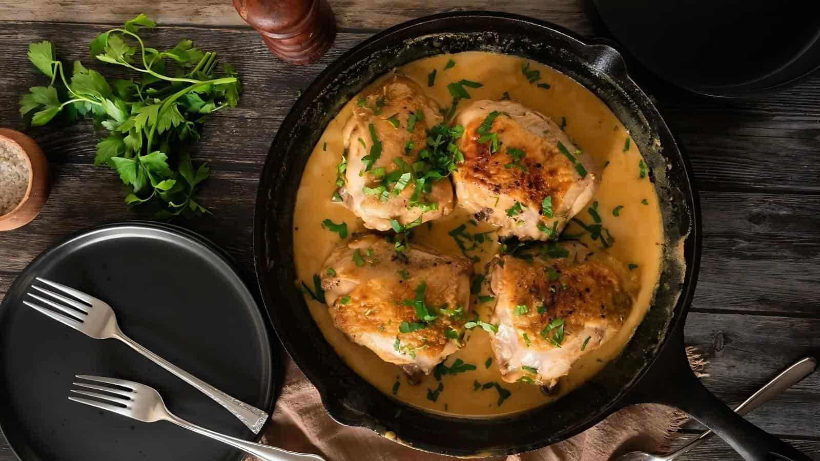 Chicken thighs in creamy sauce garnished with parsley inside a black skillet. Plates and forks are on the side, with fresh herbs and a pepper grinder nearby on a wooden table.
