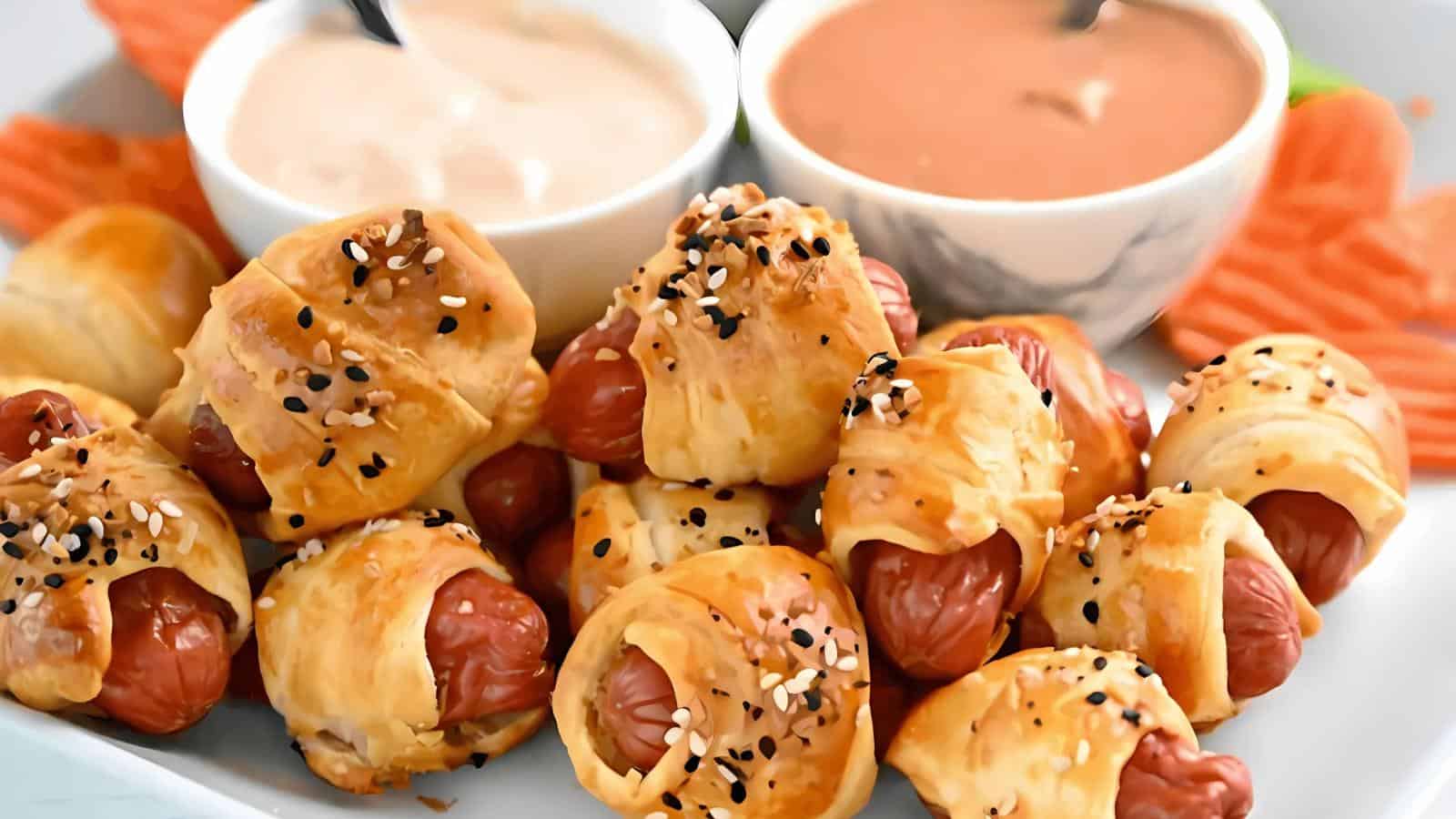 Mini sausages wrapped in puff pastry with sesame seeds, served with two dipping sauces in small bowls.