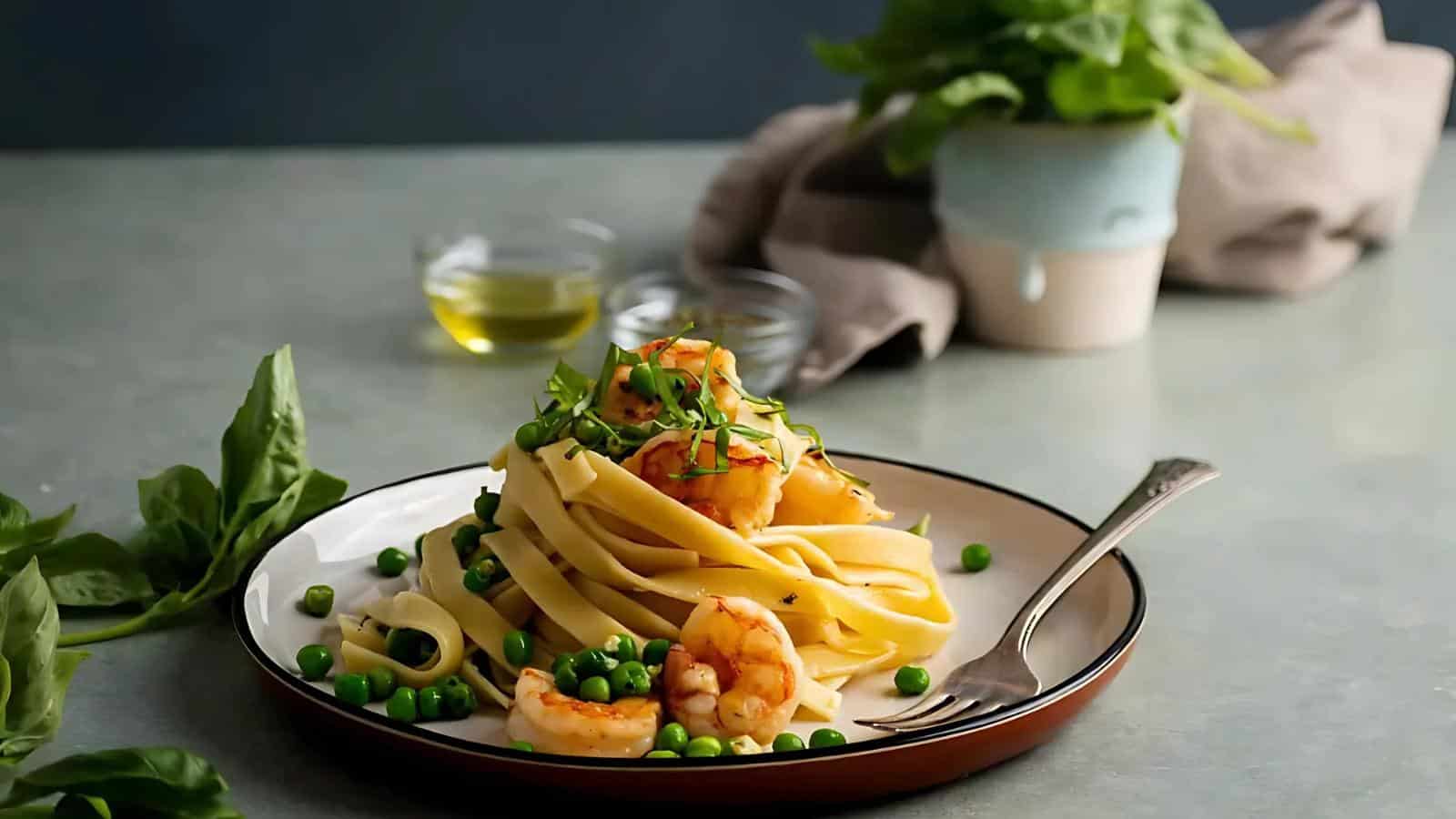 A plate of fettuccine with shrimp and peas, garnished with herbs. A fork rests on the plate. In the background, there's a small pot of leafy greens and a jar of oil.