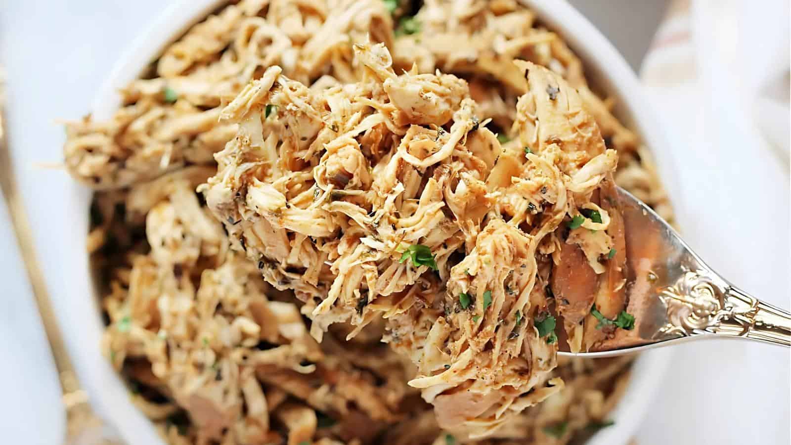 A bowl of shredded chicken mixed with herbs and spices. A spoon holds a portion of the chicken above the bowl.
