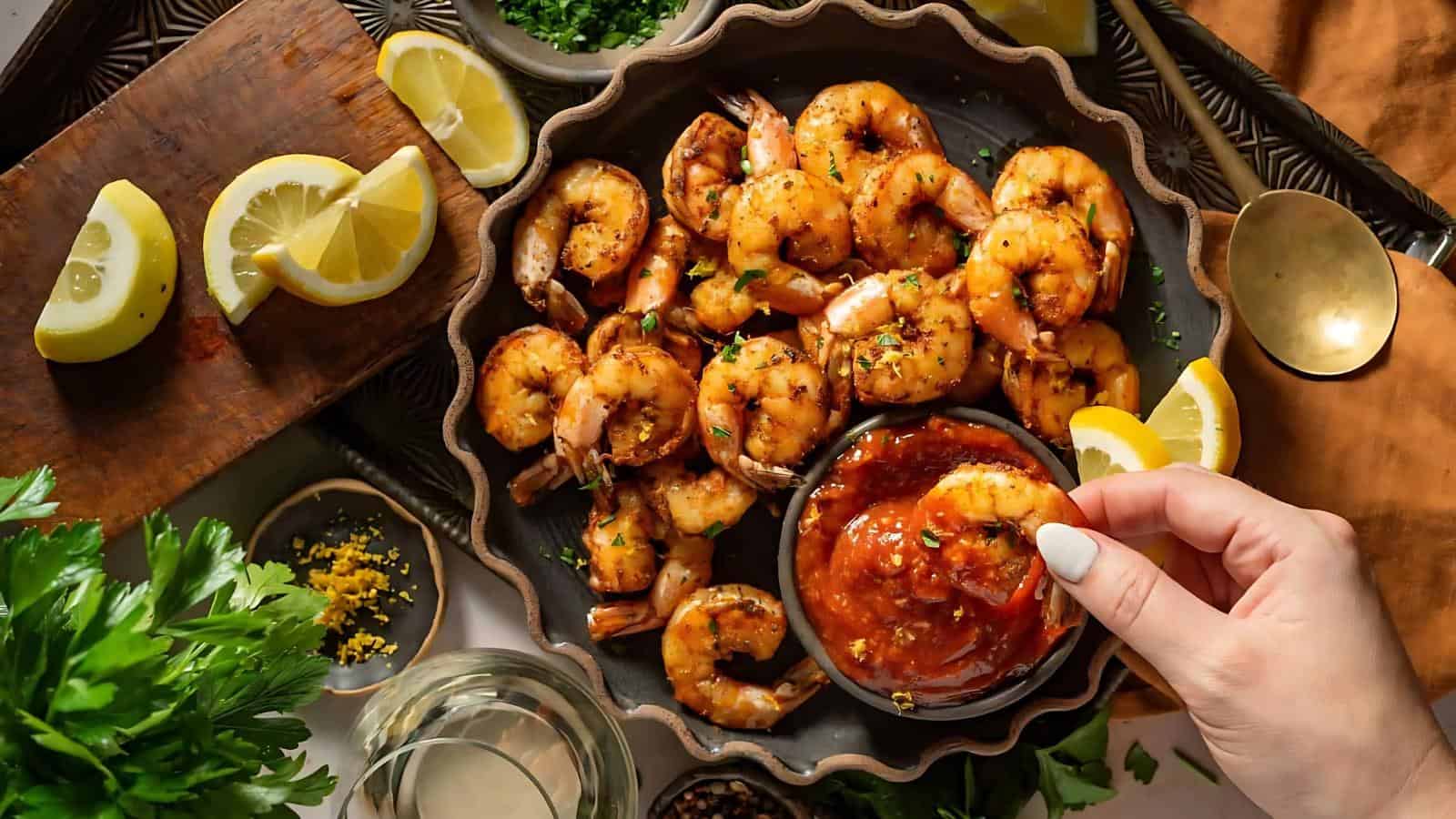 A hand dips a shrimp into cocktail sauce in a bowl of grilled shrimp garnished with herbs. Lemon wedges and parsley surround the dish.
