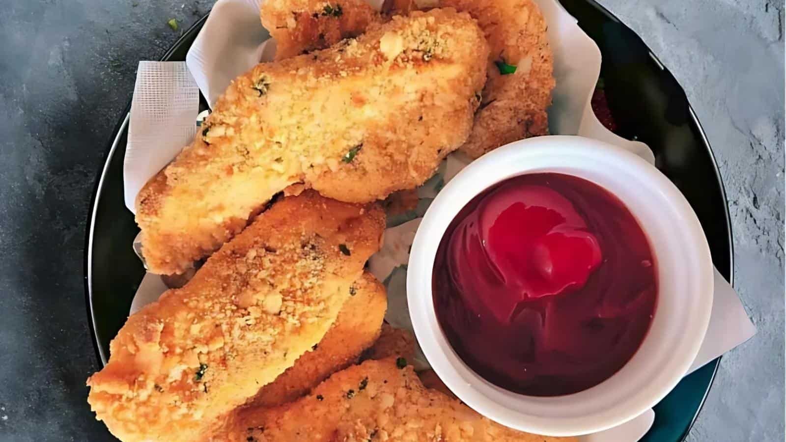 A plate of breaded fish sticks next to a bowl of red dipping sauce.