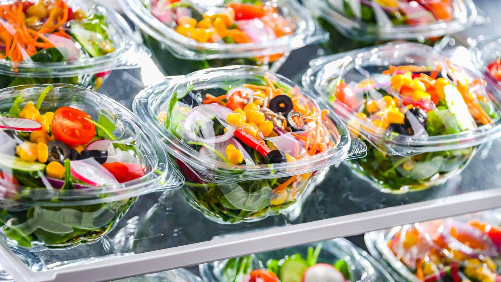 Plastic containers filled with colorful mixed salads, including lettuce, cherry tomatoes, corn, olives, and onions, displayed on a glass shelf.
