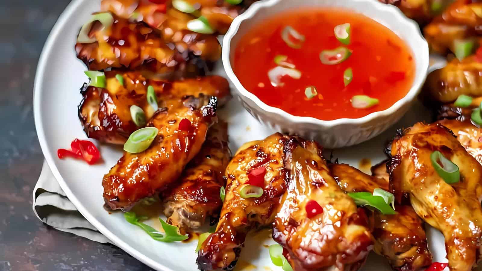 A plate of glazed chicken wings garnished with green onions and chili pieces, arranged around a bowl of red dipping sauce.