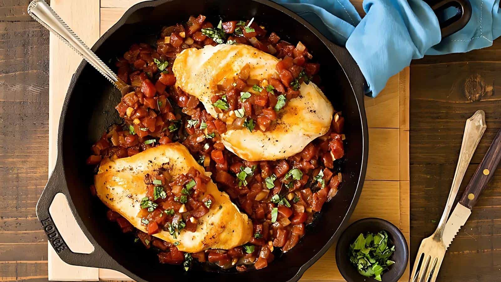 Two cooked chicken breasts topped with diced tomatoes and herbs in a skillet. A blue cloth and utensils are on the wooden table.