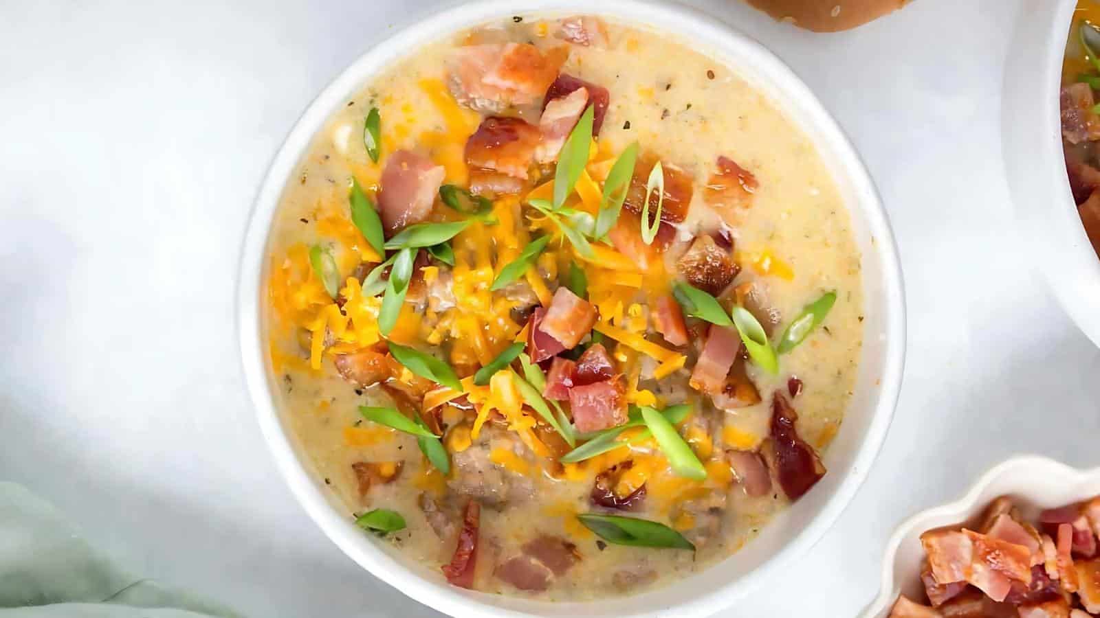 Bowl of creamy soup topped with chopped bacon, shredded cheese, and sliced green onions.