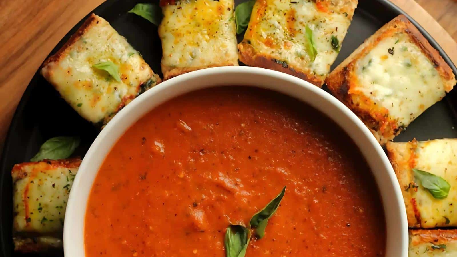 A bowl of tomato soup garnished with a basil leaf, surrounded by cheese-topped bread slices on a black plate.
