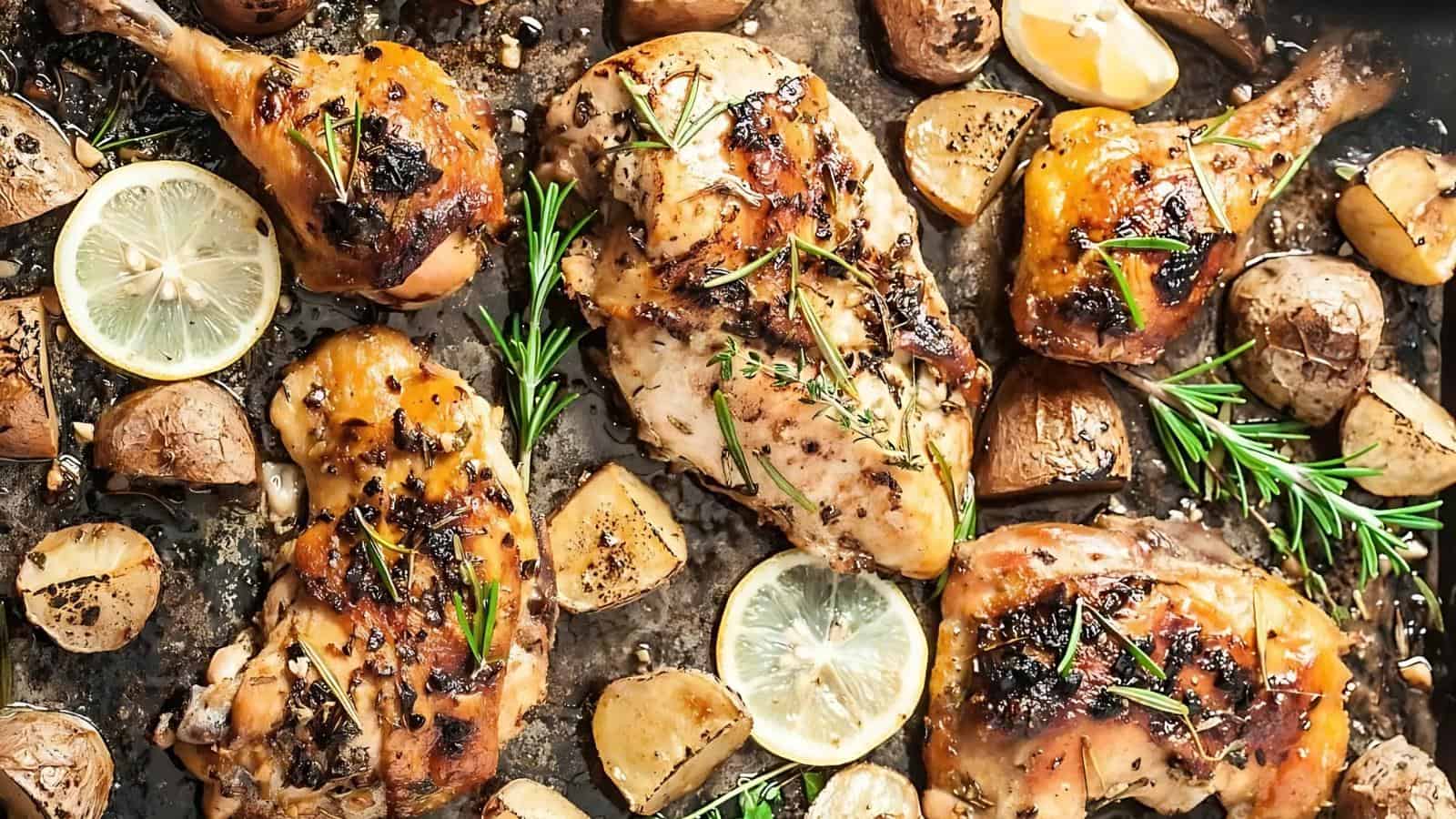 Roasted chicken pieces with herbs and lemon slices surrounded by halved roasted potatoes on a baking sheet.