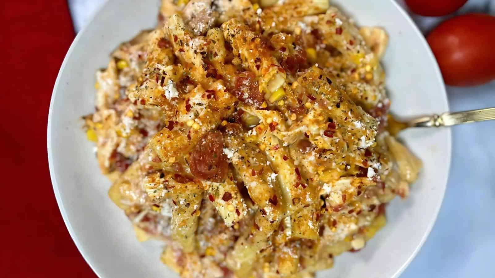 A plate of pasta mixed with corn, tomatoes, and a creamy sauce, topped with grated cheese and red pepper flakes.