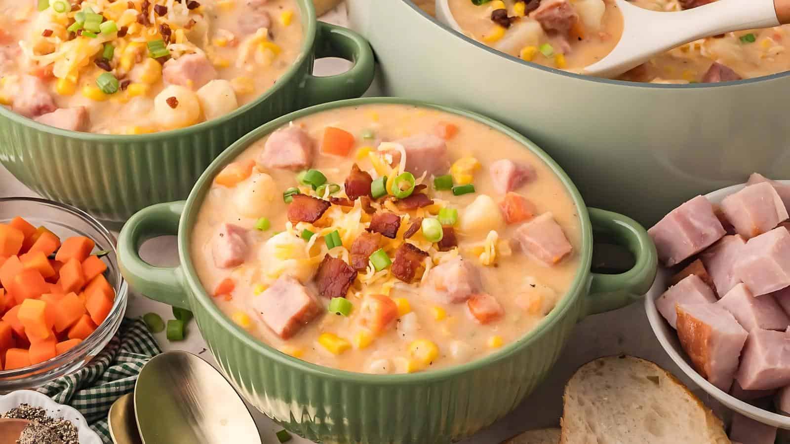Three bowls of creamy ham and corn chowder topped with green onions and bacon, surrounded by chopped ingredients and slices of bread.