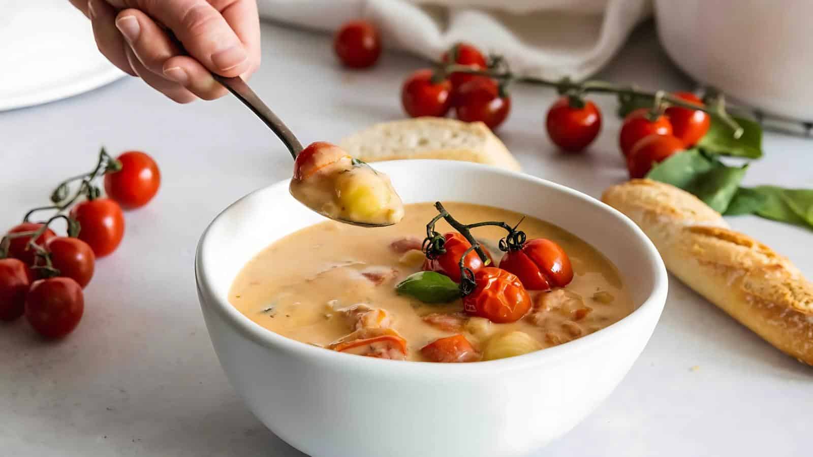 A person holds a spoon above a bowl of creamy soup with tomatoes and basil. Cherry tomatoes and a baguette are on the side.