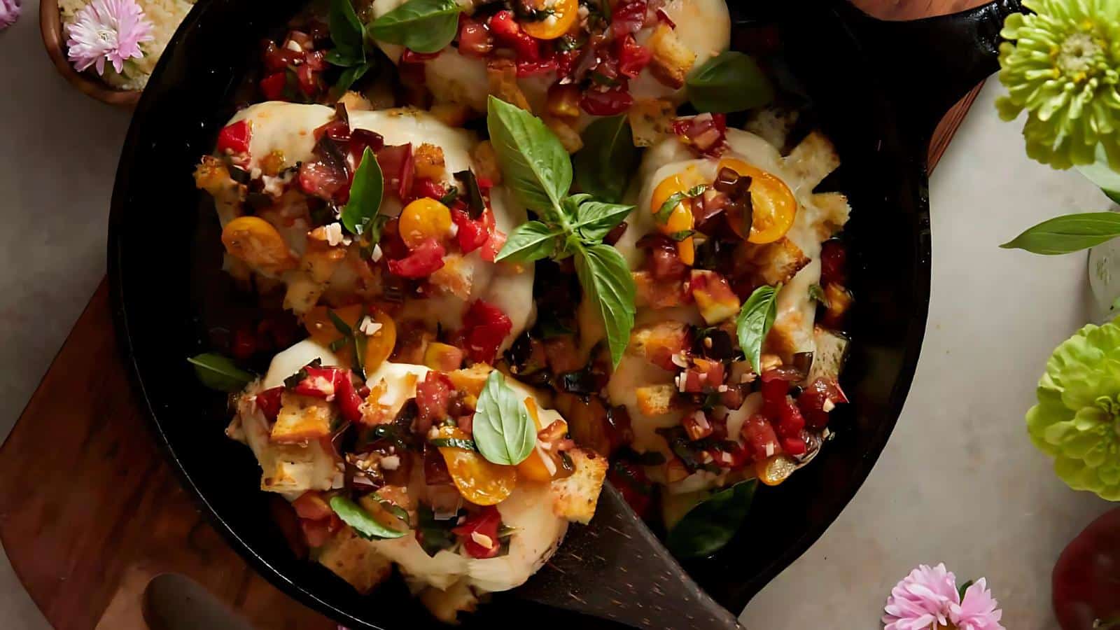 Grilled chicken topped with tomatoes, cheese, and fresh basil in a cast-iron skillet, surrounded by flowers on a table.