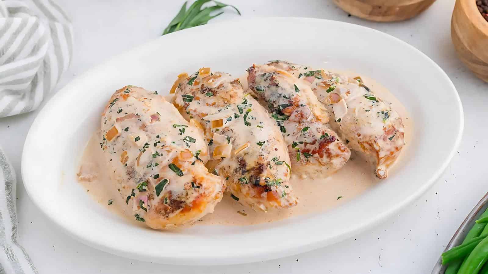 Four cooked chicken breasts with creamy sauce and herbs on a white oval plate.