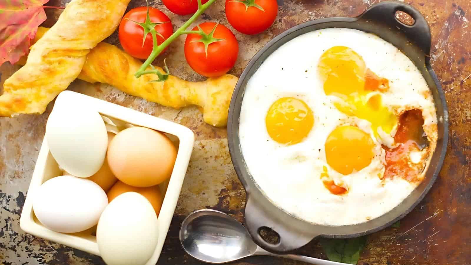 A skillet with three sunny-side-up eggs, a side of tomatoes on the vine, a breadstick, and a bowl of raw eggs on a textured surface.