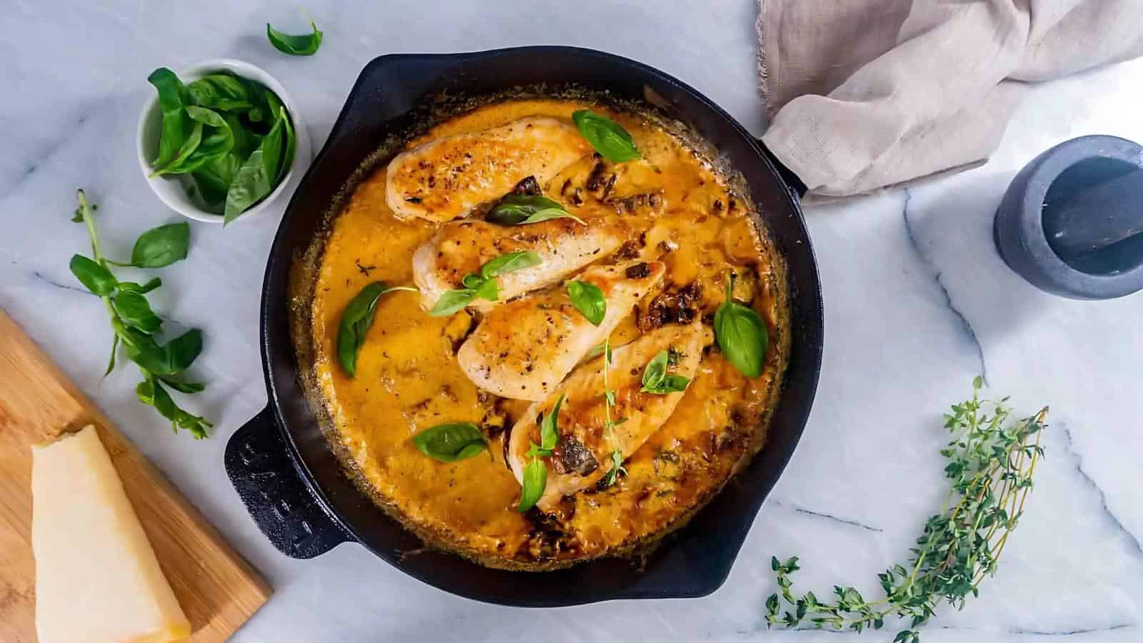 Skillet with cooked chicken breasts in a creamy orange sauce, garnished with fresh basil. Nearby are basil leaves, a cloth, a mortar and pestle, and thyme sprigs on a marbled surface.