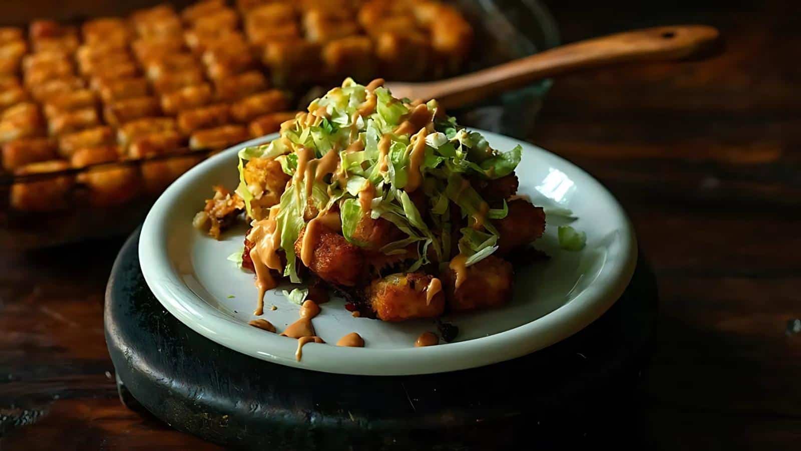A plate of tater tots topped with shredded lettuce and drizzled with sauce on a wooden table. A tray of plain tater tots in the background.
