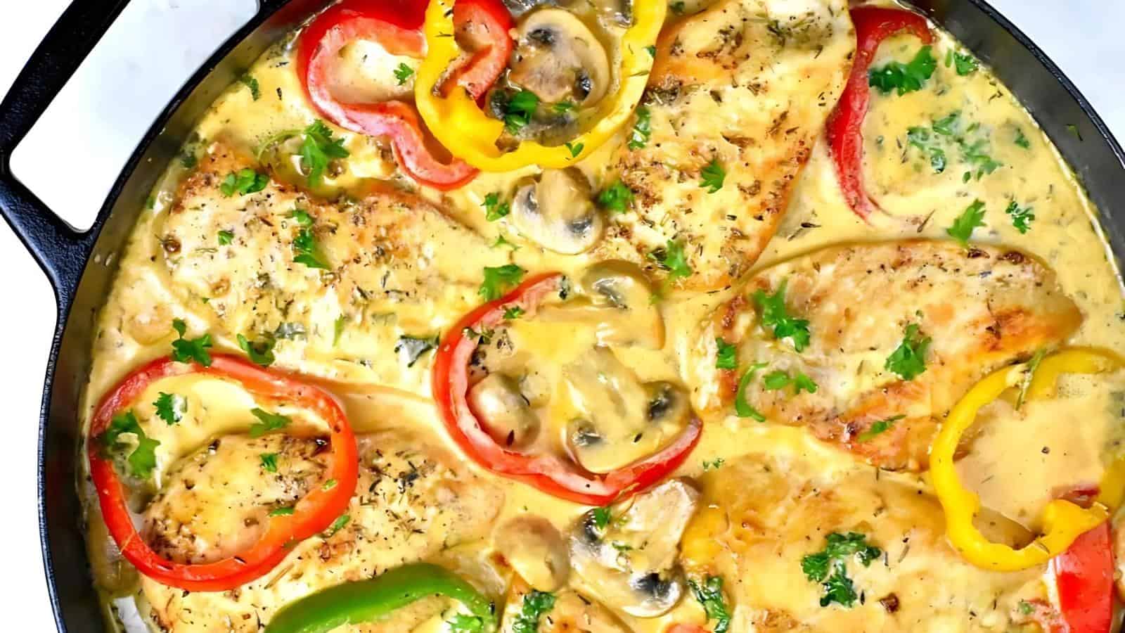 Chicken breasts cooked in a creamy sauce with slices of red, yellow, and green bell peppers, mushrooms, and herbs, garnished with parsley in a skillet.