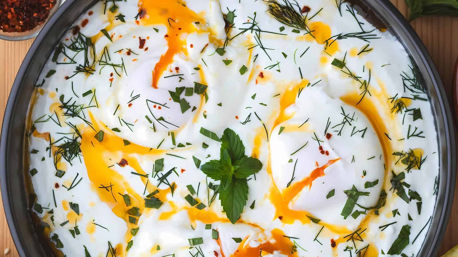 Poached eggs with yogurt sauce, garnished with herbs and chili flakes, served in a bowl.