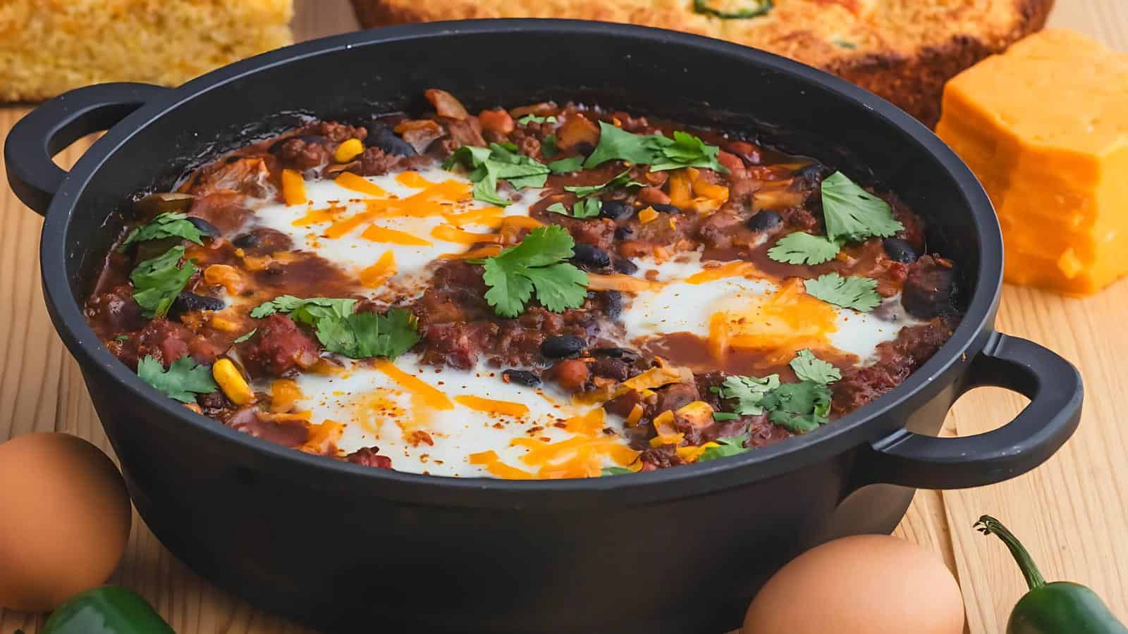A black pot filled with baked eggs, beans, corn, tomatoes, and melted cheese, garnished with cilantro. Surrounded by eggs, cornbread, jalapeños, and a block of cheese on a wooden surface.