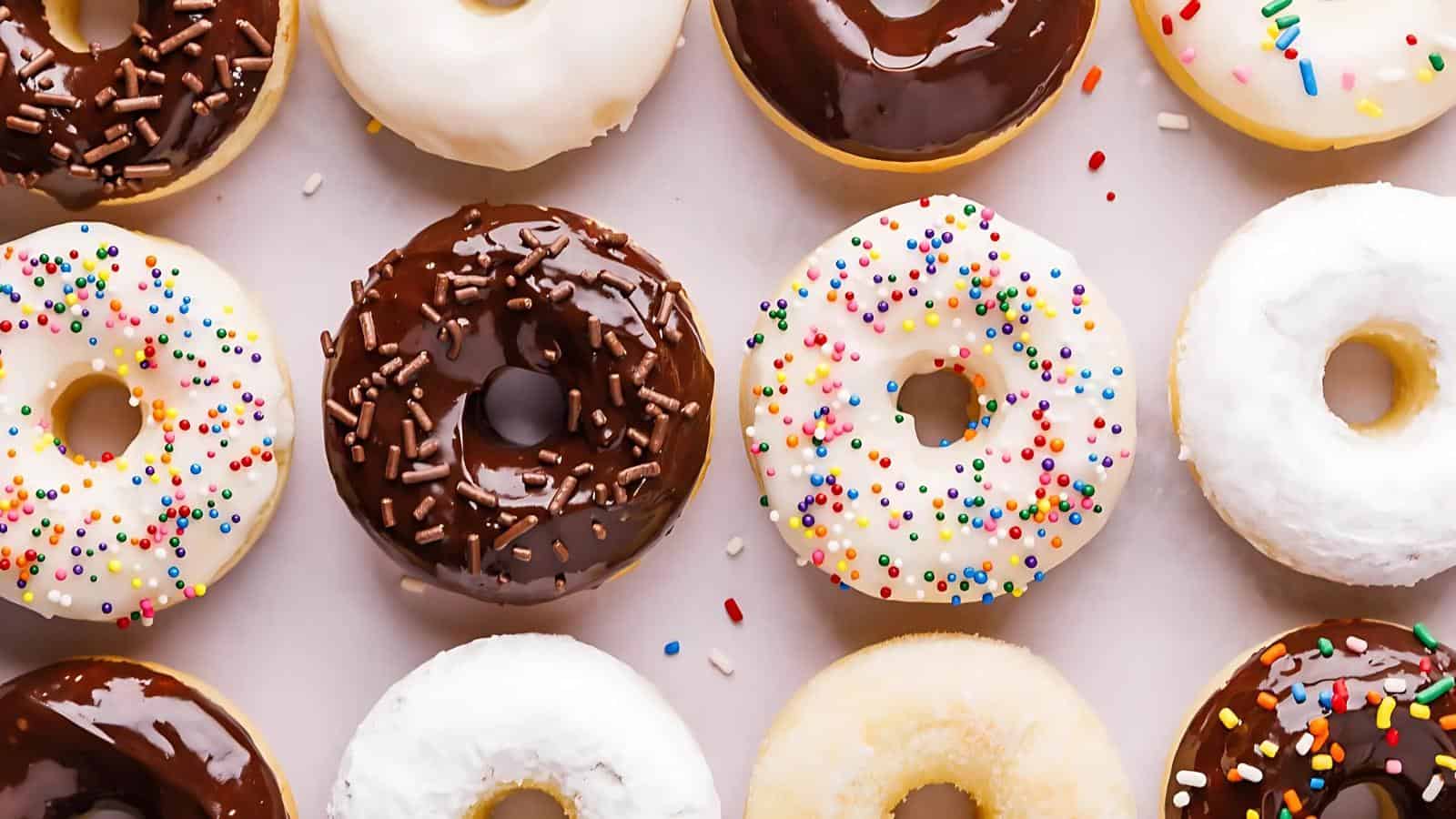 An assortment of donuts with various toppings, including chocolate glaze, white icing, sprinkles, and chocolate sprinkles, arranged in a grid pattern on a light background.