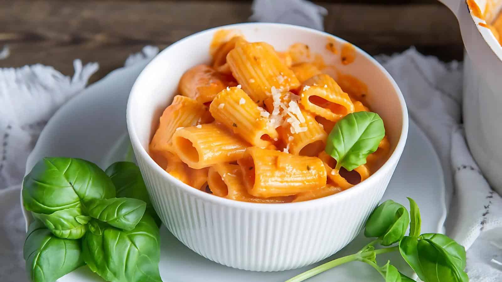 A bowl of pasta in a creamy tomato sauce, garnished with grated cheese and basil leaves, on a white plate with additional basil.
