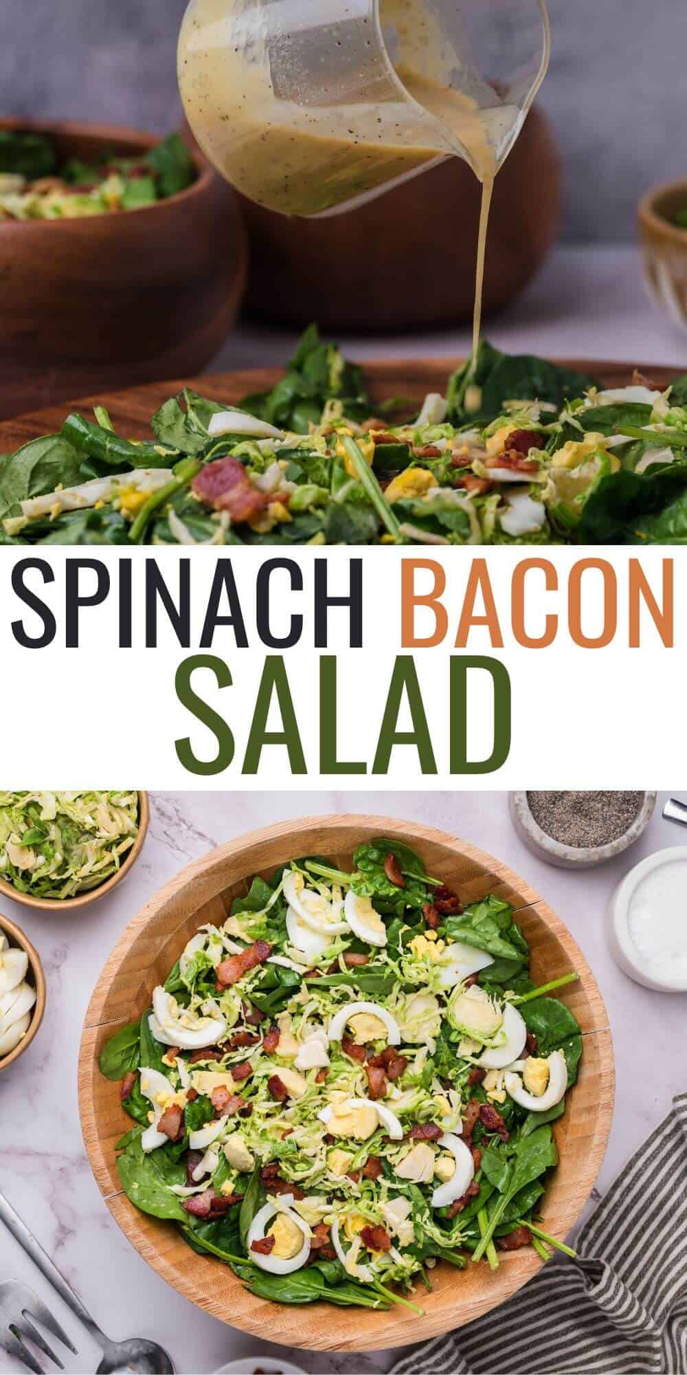 A spinach bacon salad is garnished with sliced eggs, cheese, and dressing. A close-up of the salad is shown with dressing being poured over it.