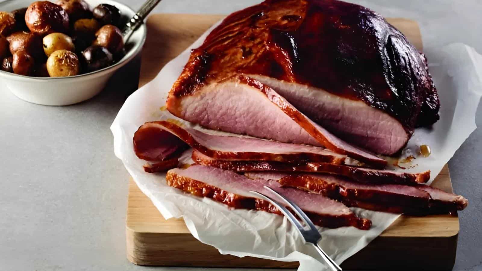 Sliced glazed ham on a cutting board with a fork, next to a bowl of roasted potatoes.