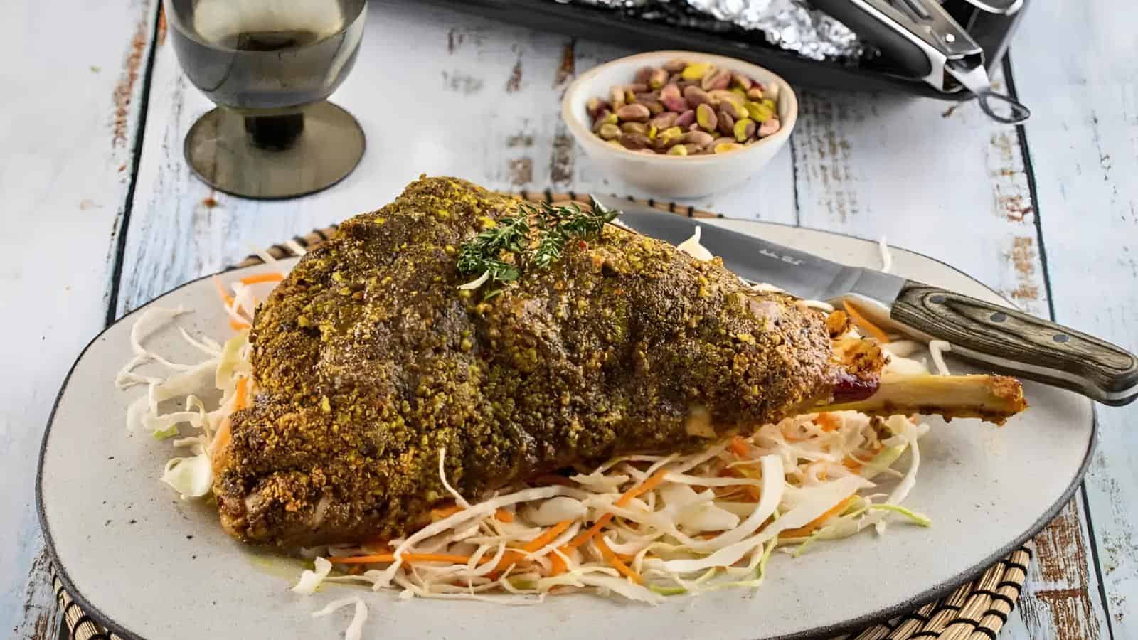 Roasted leg of lamb with herb crust on a bed of shredded cabbage and carrots. A knife and small bowl of pistachios are nearby, and a glass of red wine is in the background.